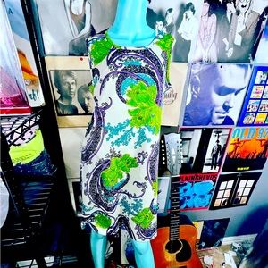 💚 VINTAGE 1960’s BRIGHT FLORAL DRESS SIZE XL BRIGHT GREEN PURPLE BLUE MOD RETRO